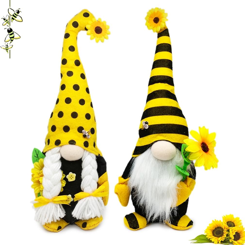 AMOH JERCY Tall Sunflower Gnome Set – 2PCS 15” & 14” Bee Plush Scandinavian Gnomes, Rustic Farmhouse Spring & Summer Decor, Tiered Tray & Mantel Decorations, Housewarming Gift, Party Table Centerpiece