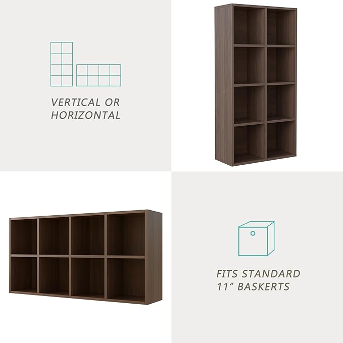 8-Cube Storage Shelf Bookcase - Wooden 4-Tier Floor Standing Open Bookshelf for Home and Office, Cuby Orgainzer, Walnut