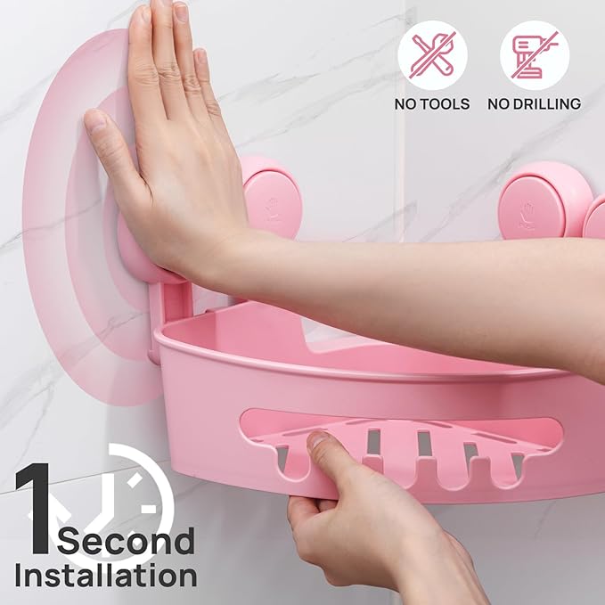 LEVERLOC Corner Shower Caddy Suction Cup, Shower Caddy Basket Powerful Suction Bathroom, Waterproof & Rustproof Organizer for Bathroom Storage, No-Drilling Removable (Pink)