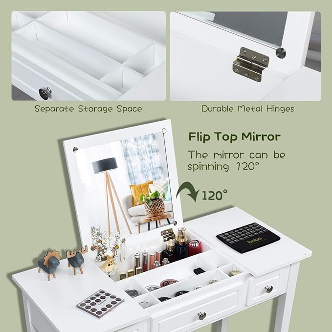CHARMAID Makeup Vanity Desk with Flip Top Mirror, 3 Drawers, 7 Storage Compartments, White Writing Desk Dressing Table Vanity Set with Cushioned Stool for Kids Girls Women, Easy Assembly