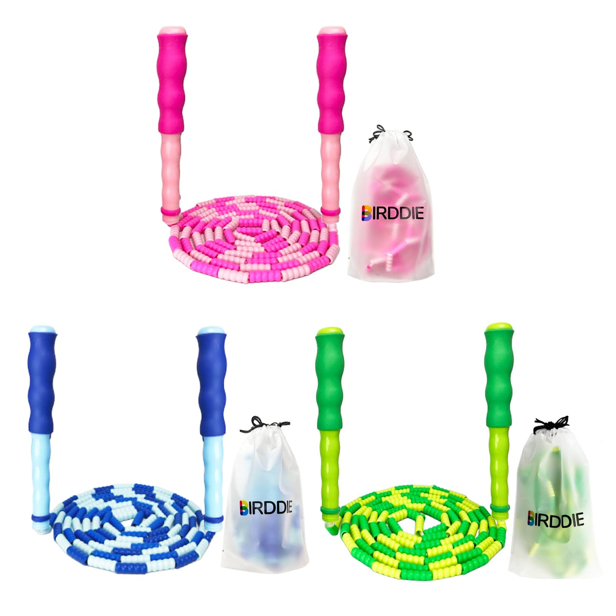 BIRDDIE Soft Beaded Jump Ropes, Adjustable Length Skipping Rope, Tangle Free Segmented Jumping Rope for Kids and Adults Exercise, Fitness 9.2 Ft (3Pack)