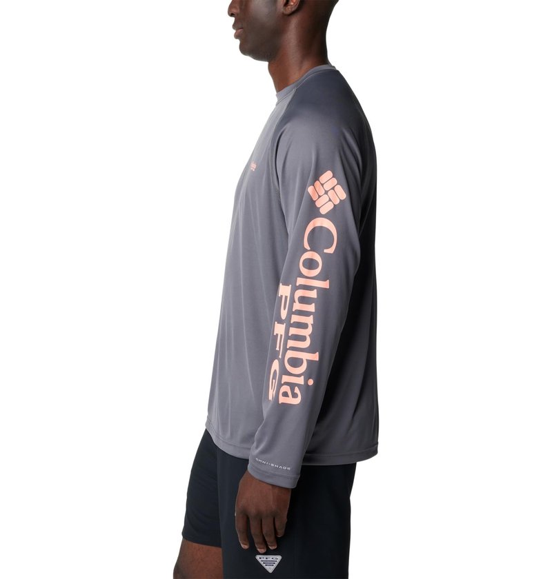 Columbia Men's Terminal Tackle Long Sleeve Fishing Shirt, City Grey/Tiki Pink Logo, XX-Large