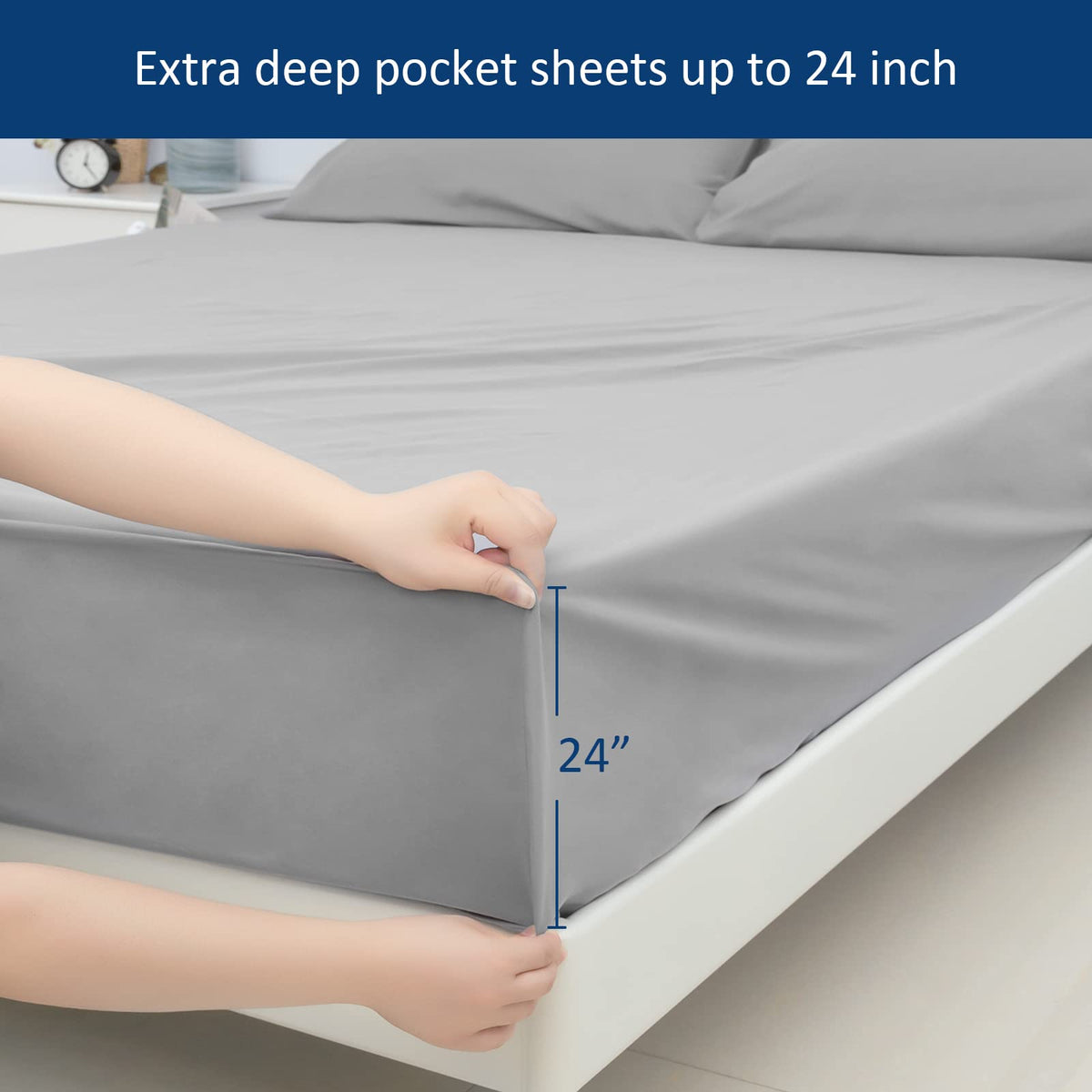 Moonsea Extra Deep Pocket Queen Sheet Sets for Air Mattress - Deep Pocket Sheets Queen Size Sets - Sheets with Pocket on Side - Easily Fits Extra Deep 16 in to 24 in Pillow Top Air Mattress (Grey)