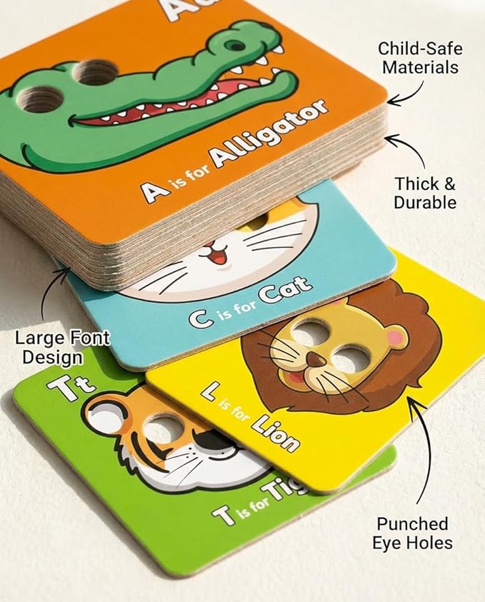 Giant Animal Alphabet Flash Cards with Handheld Animal Masks - 26 Pcs ABC Learning Cards for Toddlers 1-3 - Phonics Mnemonic Letter Recognition Toys for Preschool & Kindergarten Classroom