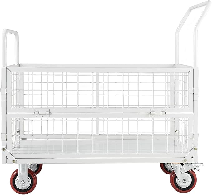 VEVOR Platform Truck Cart with Cage, 2000 lbs Capacity, 6-in-1 Foldable Flatbed Cart with Swivel Wheels, Heavy Duty Hand Truck, Multi-Functional Push Dolly, for Grocery Laundry, 44.5 x 26.6 x 42.1 in