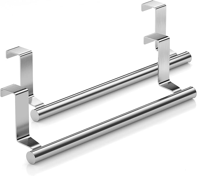 Stainless Steel Over Door Towel Rack Bar Holders for Universal Fit on Over Cabinet Cupboard Doors 2 Pack (Sliver)