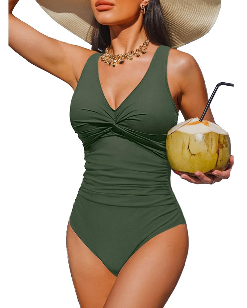 Holipick Solid Army Green Women Tummy Control One Piece Swimsuit - Push Up Bathing Suit Full Coverage Slimming Swimwear L