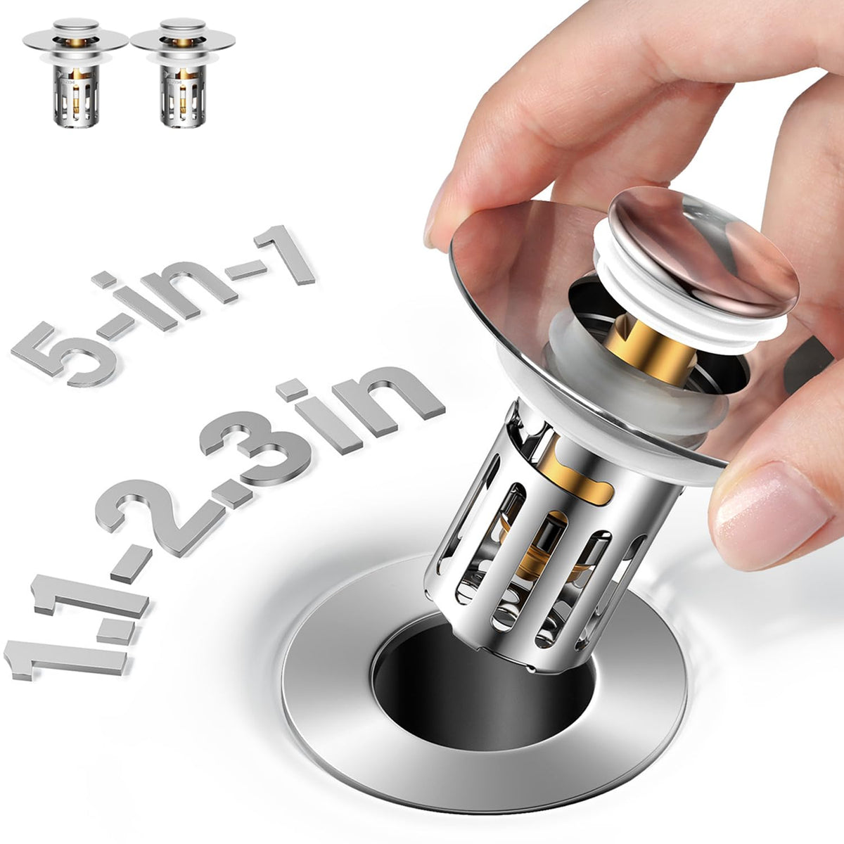 5-in-1 Bathroom Sink Stopper, 2 Pc Pop-Up Drain Stopper with Removable Hair Catcher, Anti-Clog Strainer, Odor Blocking & One-Way Flow Design, Brass & Stainless Steel All Metal Made, Fit 1.1"–2.36"