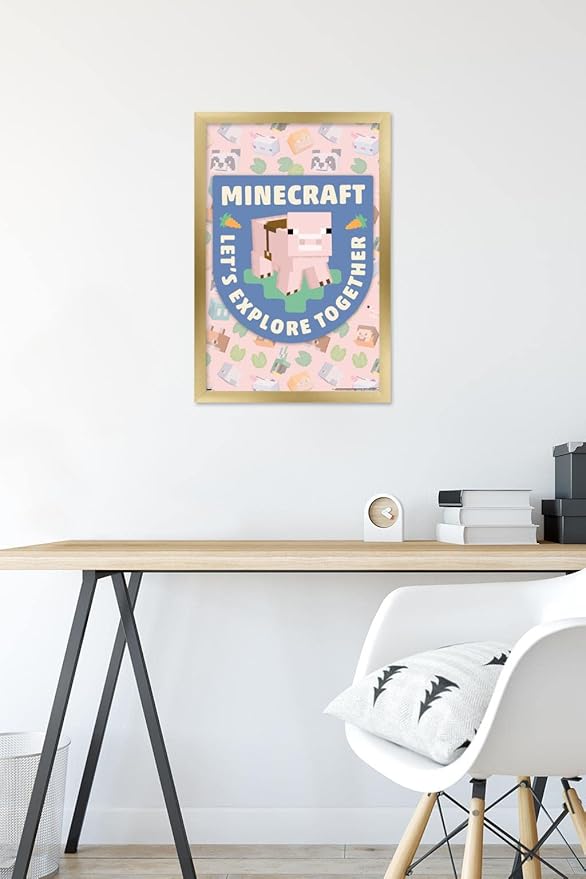 Trends International Minecraft - Let's Explore Together Wall Poster, 22.4L x 14.7W, Gold Framed Version