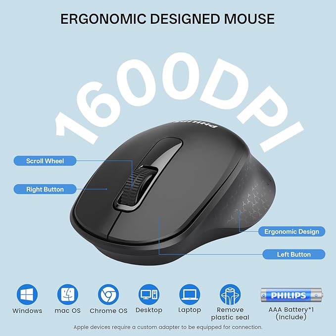 PHILIPS Wireless Keyboard and Mouse Combo-Ergonomic Keyboard and Mouse Wireless Combo,Plug n' Play,Sleep Mode and 2.4GHz Keyboard for Mac, Windows, Laptop-Black