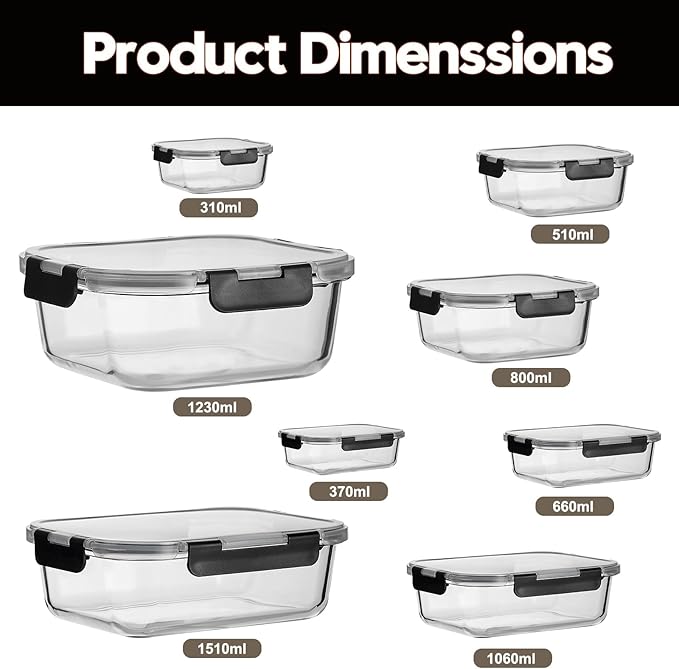 Belgol 8 Pack Glass Meal Prep Containers with Lids, Extra Thick Airtight Food Storage Set (310ml-1510ml/10.5oz–51oz), Leakproof Lunch Boxes for Leftovers