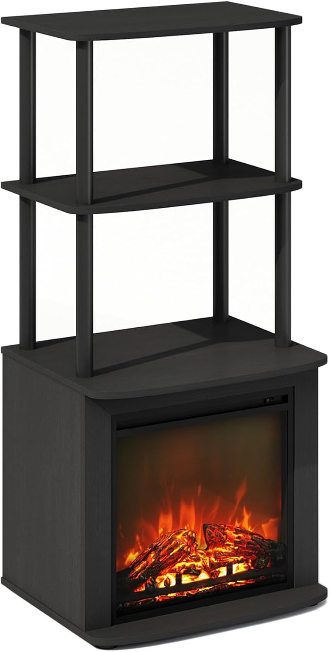 Furinno Turn-N-Tube Side Table, 3-Tier NO Heat Fireplace End Table with Open Shelf, Electric Fireplace Display Night Stand, Bedside Table, for Living Room, Bedroom, Americano/Black
