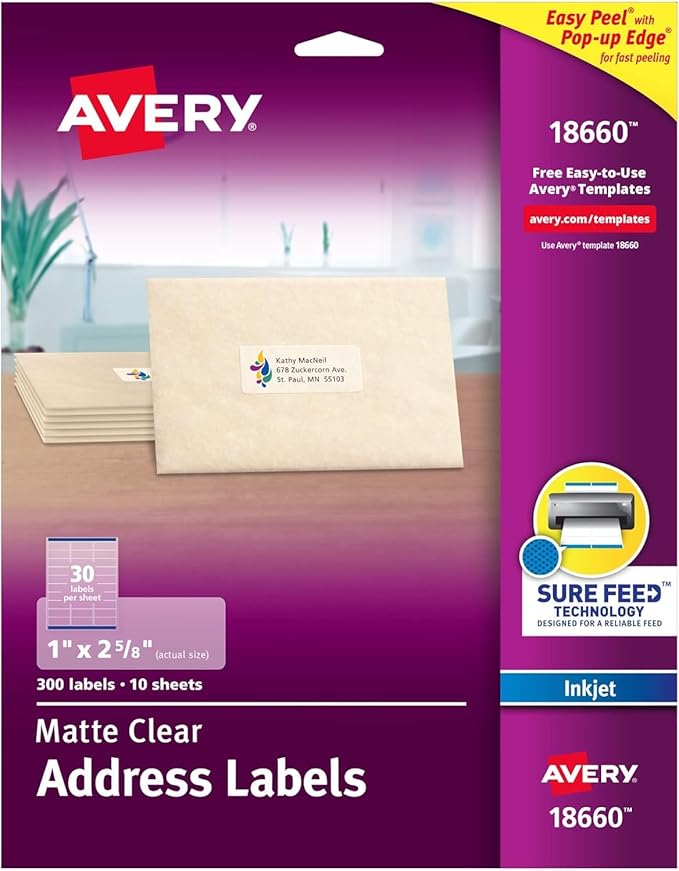 Avery Easy Peel Mailing Labels for Ink Jet Printers, 1 x 2-5/8 Inches, Clear, Pack of 300 (18660), 2-PACK