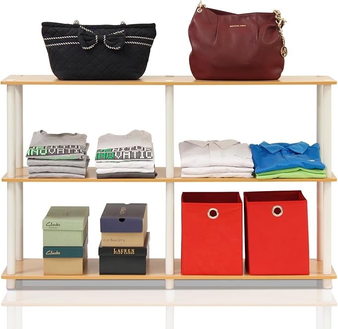Furinno TURN-N-TUBE Storage Shelves, 3-Tier 47.4 Wide Book Shelf, Corner Shelf, Toolless Open Shelves, for Organization and Storage, Living Room, Garage, Home Office, Beech
