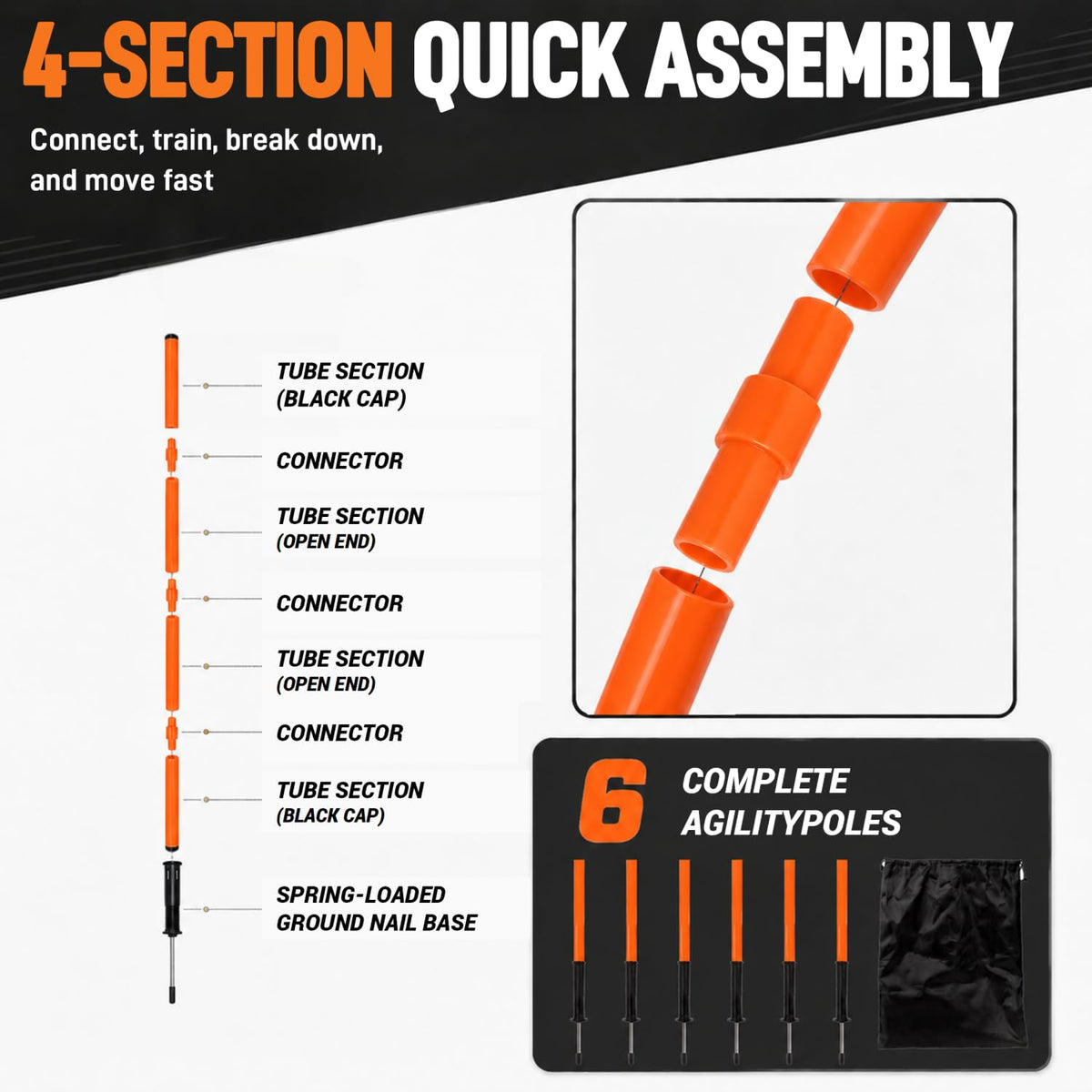 Nbguigdstr 6Pcs 5FT Agility Training Poles, Adjustable Speed and Agility Training Equipment Sports Training Sticks(Orange)