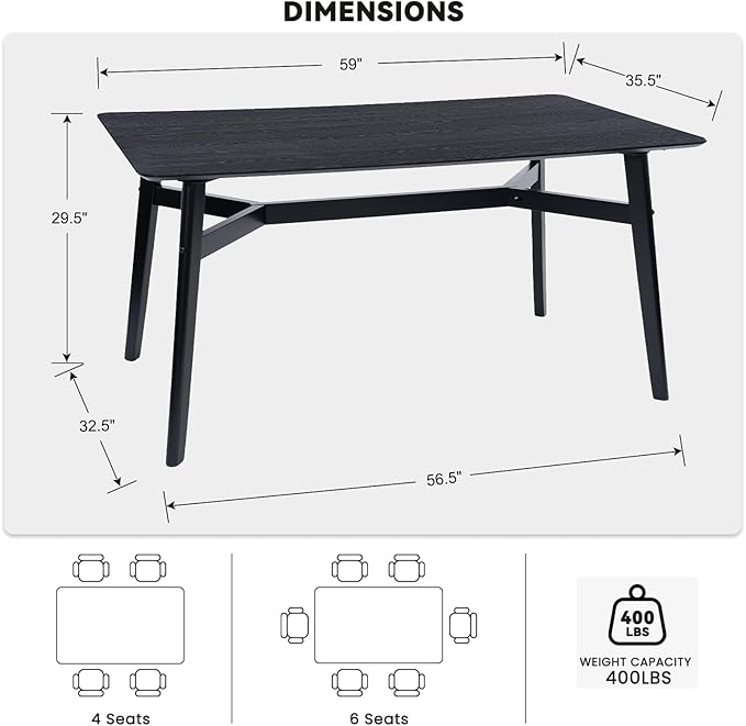 VESCASA 5-Piece Dining Set, 59" L Black Rectangle Wood Dining Table with 4 Curved Back Chenille Beige Wood Dining Chairs for Dining Room, Kitchen, Restaurant, Dining Set for 4