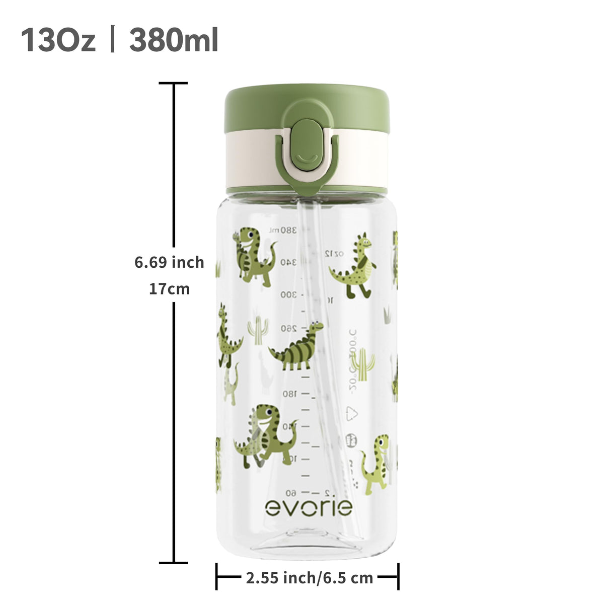 Evorie Tritan Kids Water Bottle with Straw, 13oz BPA-Free Leak-Proof Drinking Bottle for School & Travel, Lightweight Clear Water Bottle, Dishwasher Safe, for Kids Ages 3+ (Green Dino)