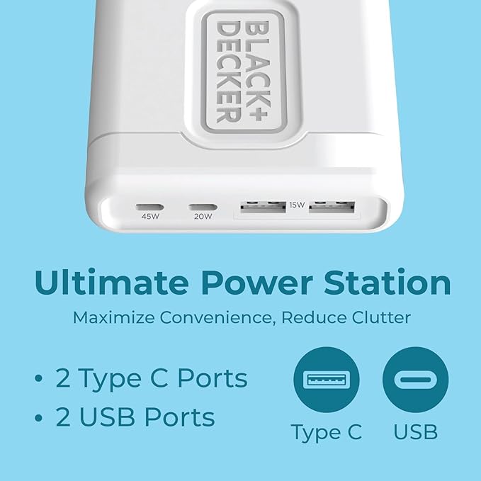 BLACK+DECKER USB C Fast Charger 65W 4 Port Type USB C Charging Station Hub Block Type C Wall Charger Power Strip Adapter Plug 2 C-Port 2 USB for iPad iPhone 17 16 15 14 Pro Max Pixel Note Galaxy