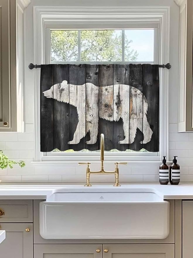 Sheer Curtains 45 Inch Length, Farmhouse Country Vintage Wood Grain Privacy