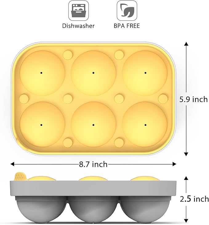 Winrock 2.5inch Spherical Ice Ball Tray For Whiskey, Big Ice Freezer Mold for Cocktails，Easy Fill In & Release Ice Cube Mold, Durable &Reusable Spherical Ice Maker (Sunshine)