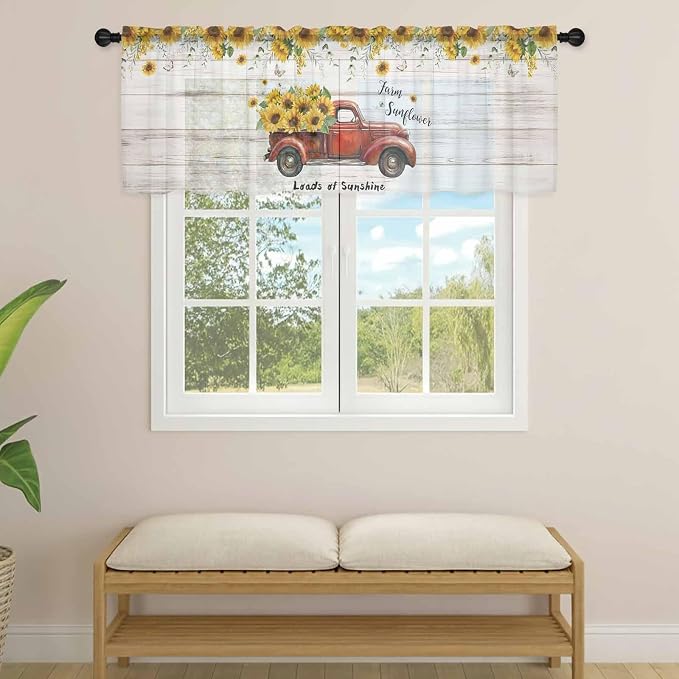 Farmhouses Sunflowers Sheer Valance Curtains, Retro Floral Leaves Red Truck