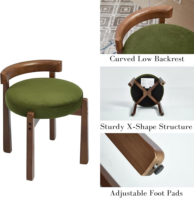 DUOMAY Modern Velvet Vanity Stools Set of 2, Upholstered Low Back Ottomans with Solid Wood Legs Cute Round Footrest Makeup Stools Dressing Seat for Living Room Bedroom, Green