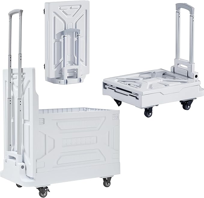 VECELO 23 GAL Large Capacity Foldable Utility Cart with Wheels - Heavy Duty Collapsible Rolling Cart for Shopping, Travel, Office & Home - Portable Luggage Cart with Telescoping Handle, White