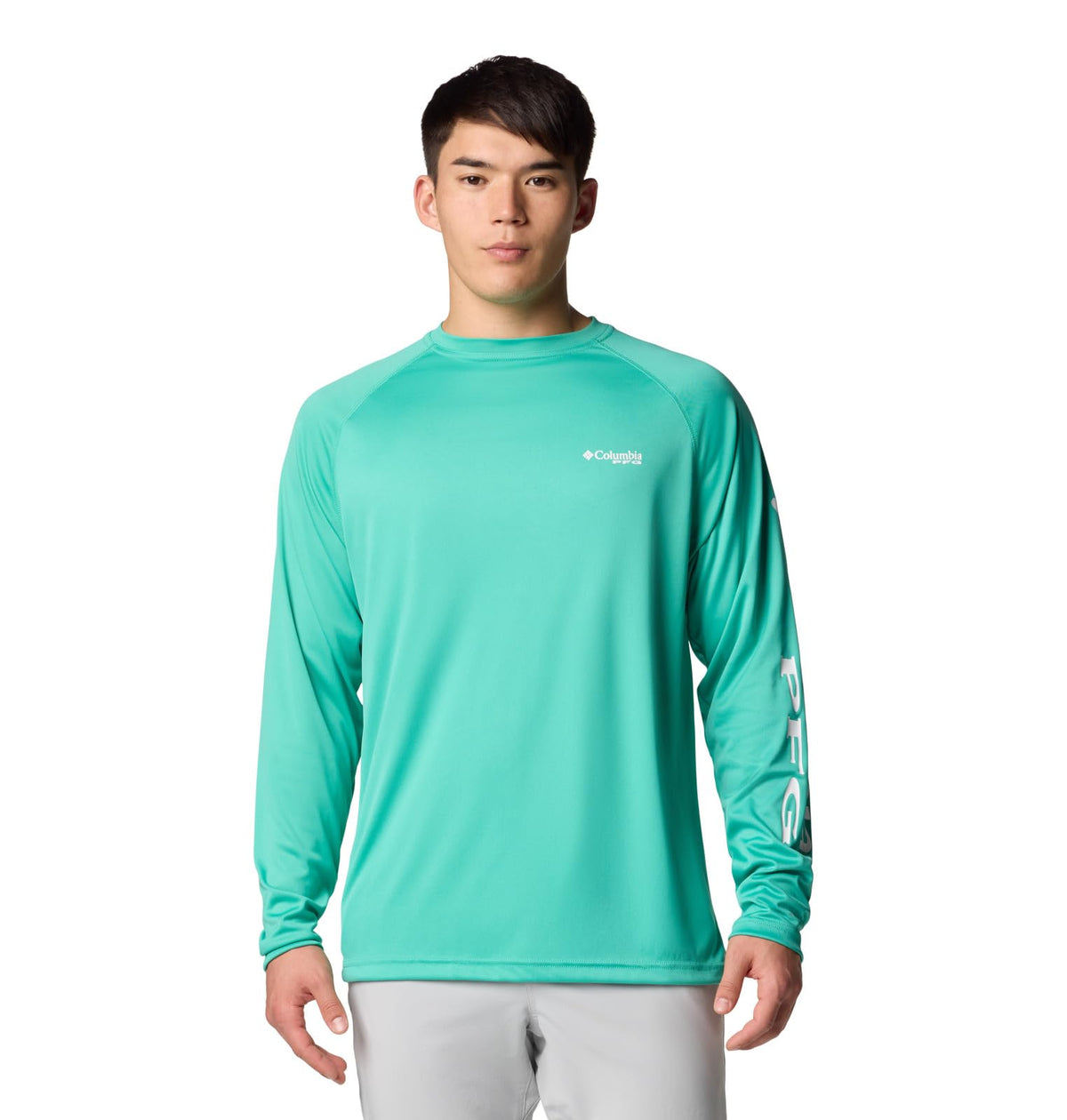 Columbia Men's PFG Terminal Tackle Long Sleeve Fishing Shirt, Glaze Green/White Logo, X-Large