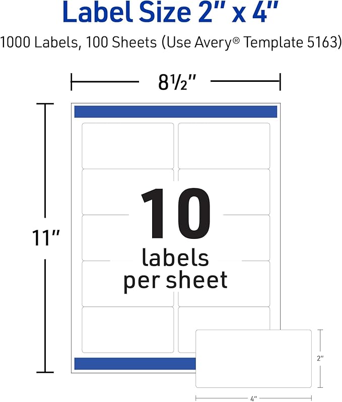 Avery Printable Shipping Labels with Sure Feed,2" x 4" Customizable Stickers,White,1,000 Blank Mailing Labels,Great for Mailing,Shipping,and More (5163),(Pack of 5)