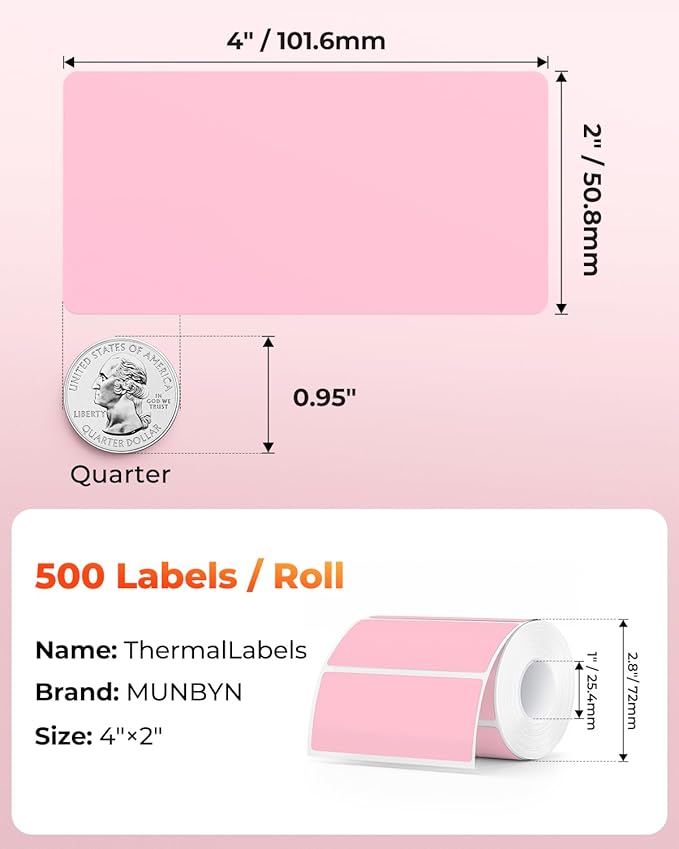 MUNBYN 4” X 2” Direct Thermal Labels, Thermal Printer Stickers, Strong Adhesive & Perforated Labels Paper for Barcode, Mailing, 500 Sheets/1 Roll, Pink