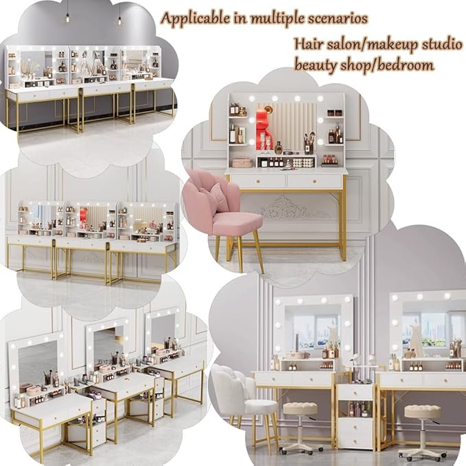 Vanity Desk with Mirror and Lights,Large Desktop Makeup Vanity Desk with 3 Color Modes Adjustable Bulb,2 Large Drawers for Bedroom/Hair Salon/Beauty Shop and Other Scenes White