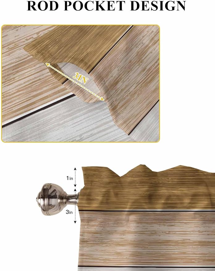 Retro Farm Wood Board Window Valance Curtains, 2 Panel