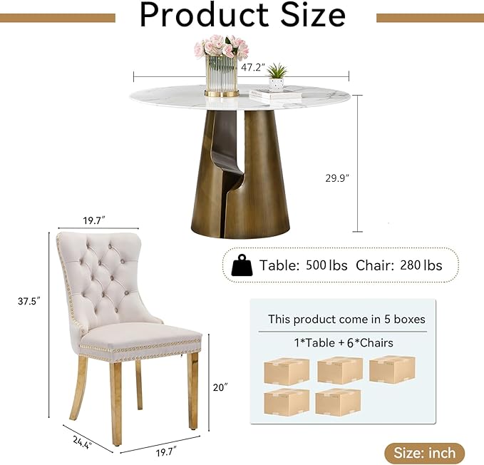 7-Piece Faux Marble Round Dining Table Set for 6, Modern Luxury Kitchen Table Set for 6 with Beige Tufted Chairs,Circle Dining Tables with White Marble Grain Top and Bronze Pedestal Base