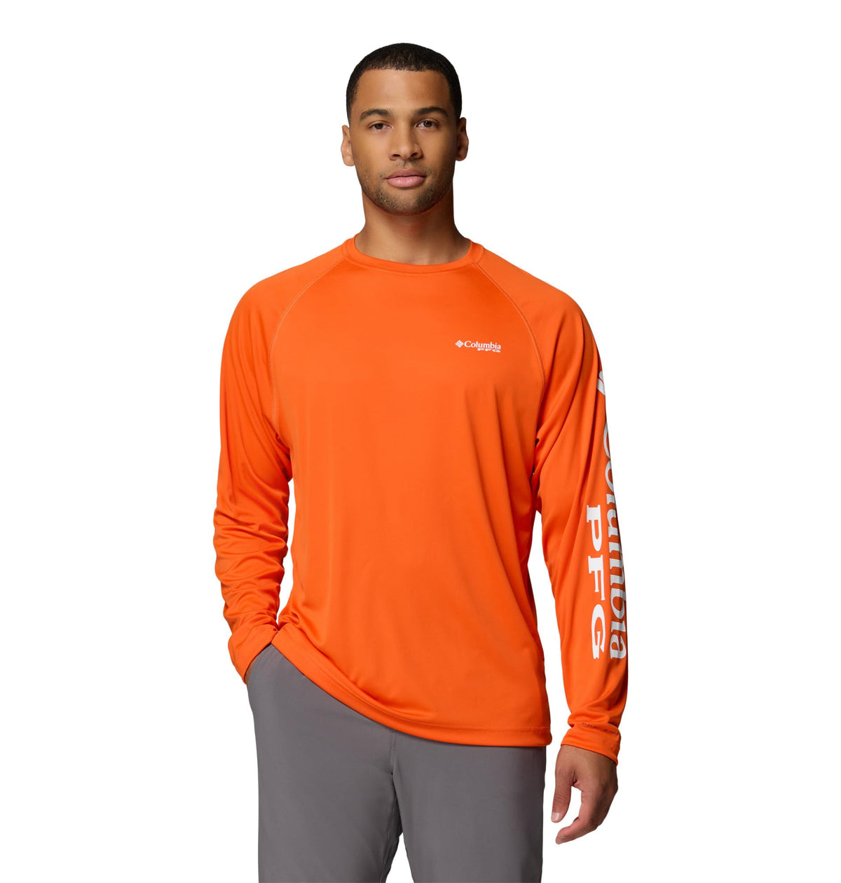 Columbia Men's PFG Terminal Tackle Long Sleeve Fishing Shirt, Spark Orange/White Logo, Large
