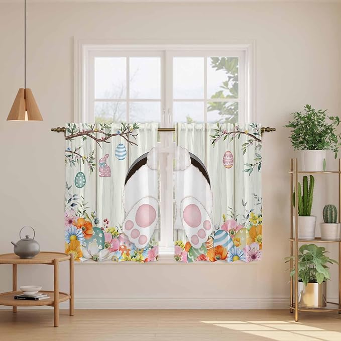 Easter Kitchen Tier Curtains 45 Inch Long 2 Panel Set, Rod Pocket Short Window