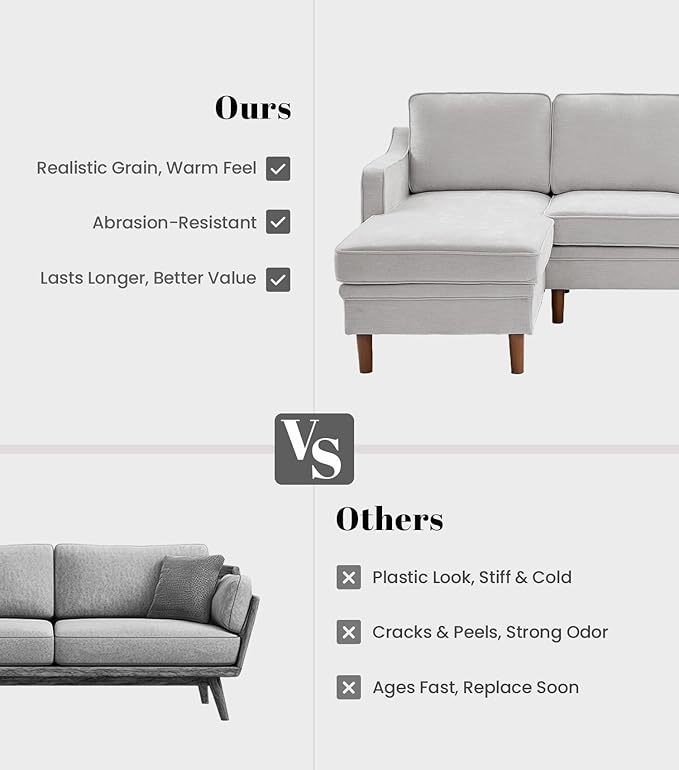 Kingfun 88" L-Shape Sofa, Chenille Sectional Couch, Mid Century Modern Couches with Solid Wood Frame for Living Room & Bedroom, Beige