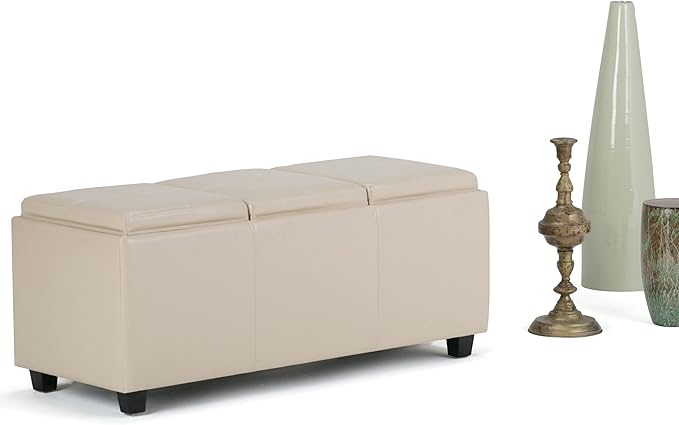 SIMPLIHOME Avalon Storage Ottoman - 42 inch Wide Upholstered Vegan Leather Rectangular Flip-Top Ottoman in Satin Cream, Contemporary Coffee Table Ottoman for Living Room with Hidden Storage