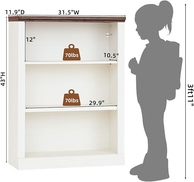 43" White Tall Bookshelf Set of 4,3-Tier Thick Wooden Book Shelf with Adjustable Shelves,Free Standing Farmhouse Bookcase with Open Display Storage,Floor Vintage Bookshelves for Living Room