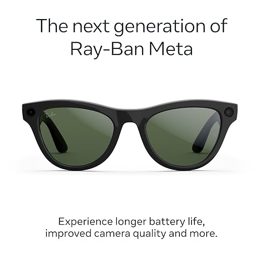 Ray-Ban Meta (Gen 2), Skyler, Shiny Black | Smart AI Glasses for Men, Women — 2x Battery Life — 3K Ultra HD Resolution — 12 MP Ultra-Wide Camera, Audio, Video — Transitions® Graphite Green Lenses