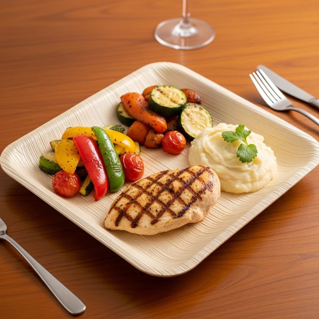 Raj Bamboo Plates Disposable, Decorative Compostable Tableware for wedding, Lunch, Dinner, Birthday, Camping, Outdoor BBQ, Picnic (9.5"x50 7"x50 (100 Pack))