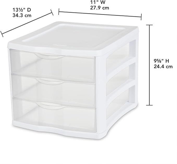 STERILITE 3 Drawer Desktop Storage Unit, Tabletop Organizer for Desk, Countertop at Home, Office, Bathroom, White with Clear Drawers, (Pack of 4)