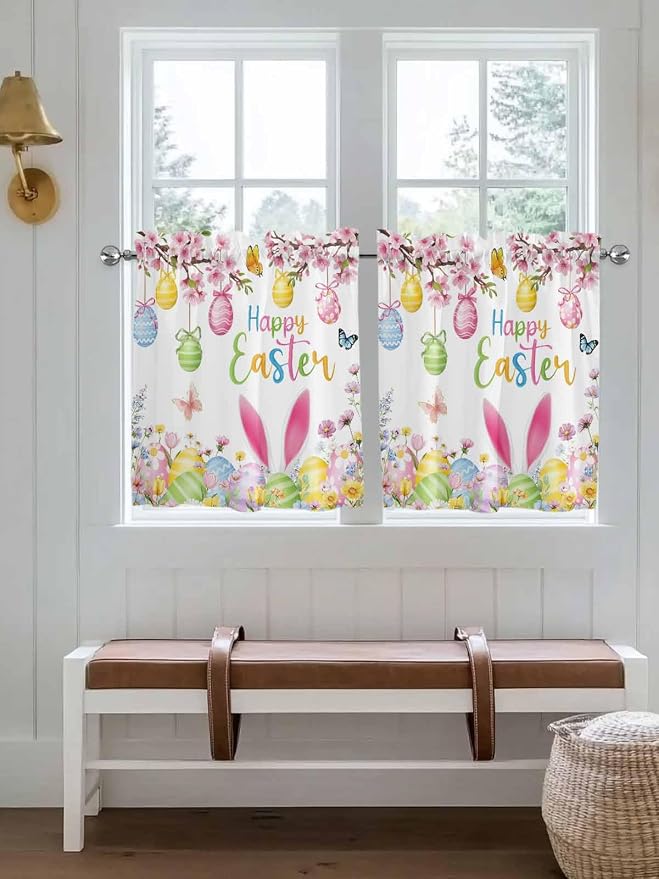 Happy Easter Half Window Curtain 36 Inches Long, Spring Watercolor Bunny Eggs
