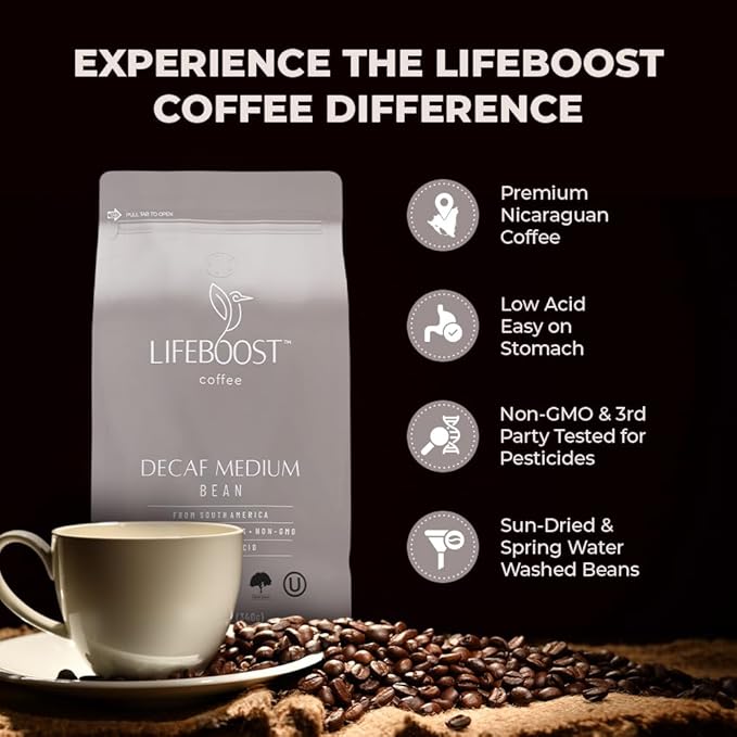 Lifeboost Medium Roast Swiss Water Decaf Whole Bean Coffee - Low Acid Organic Decaf Coffee, Non-GMO, USDA Organic, Single Origin, Third-Party Tested for Mycotoxins & Pesticides - 12 oz Bag
