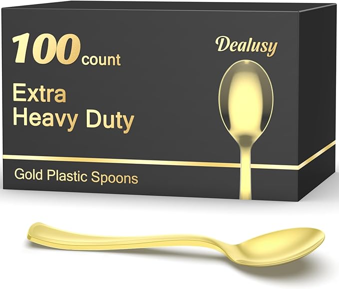 Dealusy 100 Count Heavy Duty Gold Plastic Spoons Disposable