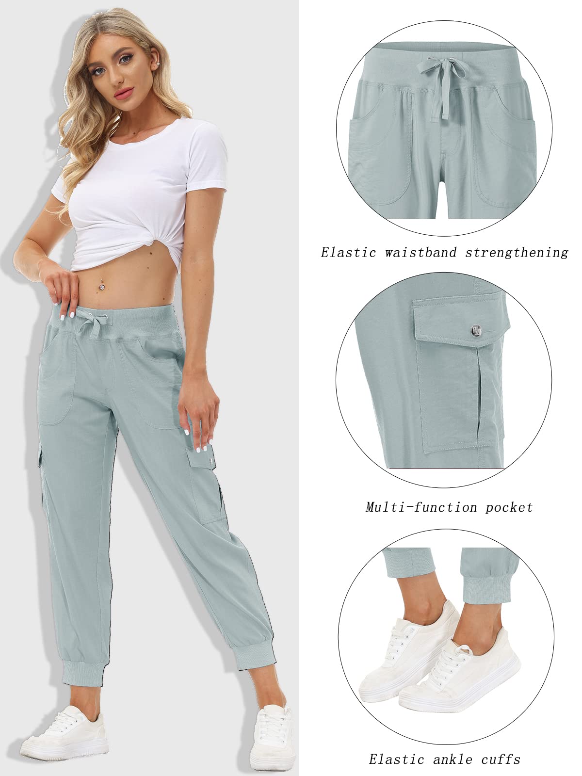 MoFiz Women Cargo Pants with Pockets Lightweight Outdoor Summer Travel Casual Hiking Pants Running Joggers Sweatpants Elastic Waist Light Grey M
