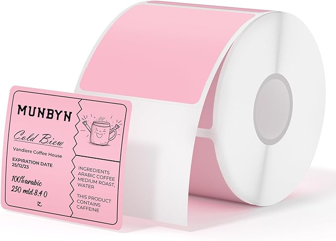 MUNBYN 2"x2" Square Thermal Labels, Compatible with Multiple Thermal Printers, Strong Adhesive, White Address Labels for Barcode, 750 Sheets/Roll, Pink