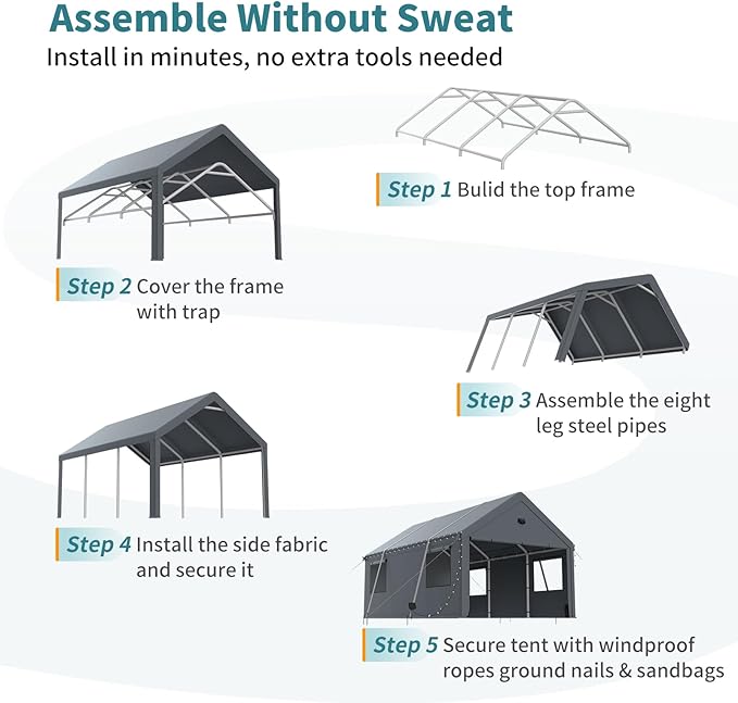 10x20FT Heavy Duty Carport Canopy,Extra Large Portable Car Tent Garage with Roll-up Windows and All-Season Tarp Cover,Removable Roof &Side Walls for Car, SUV,Boats&Truck Shelter Logic Storage