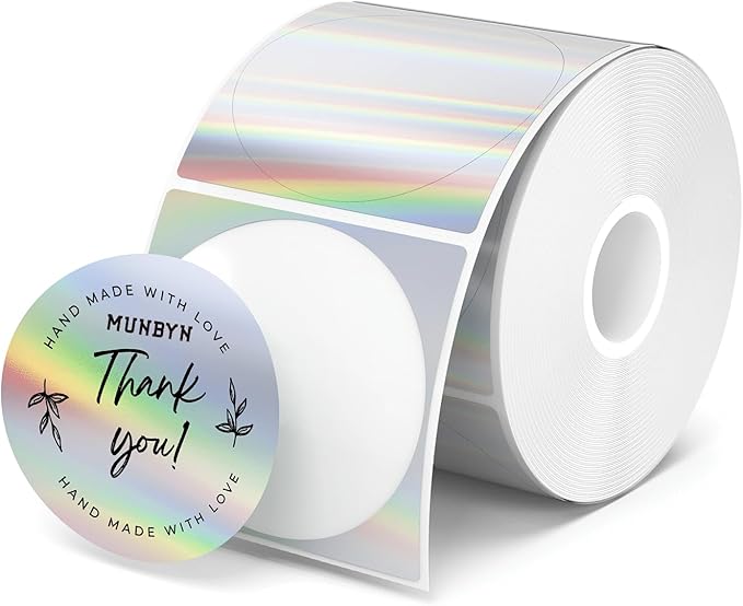 MUNBYN 2" Circle Holographic Thermal Labels, Round Printable Rainbow Glitter Thermal Printer Sticker Labels for Gift Wrapping, Self-Adhesive Name Price Tag DIY Custom Logo Design, 400 Sheets/1 Roll