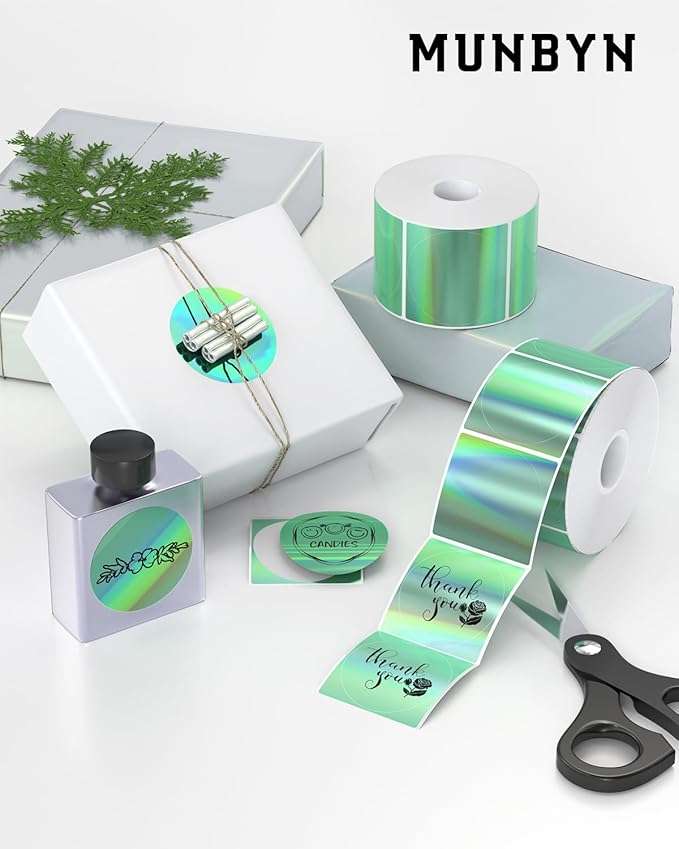 MUNBYN 2" Circle Holographic Thermal Label Stickers Green, Round Printable Rainbow Glitter Thermal Printer Sticker Labels for Gift Wrapping, Self-Adhesive Name Price Tag DIY Custom Logo Design