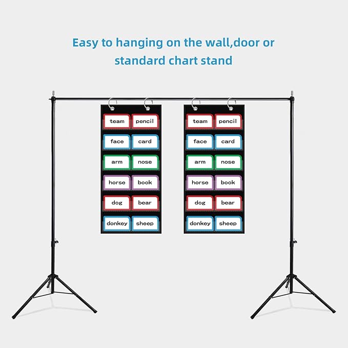 10”W x 25”H Classroom Words Pocket Chart with 6 Clear Pockets, Black Standard Pocket Chart for Classroom and Home for Sentence Strips, Reusable Words Hanging Pocket Chart (Black)